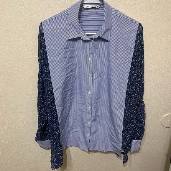 Zara button up striped floral statement long sleeve professional career office S - Picture 1 of 9